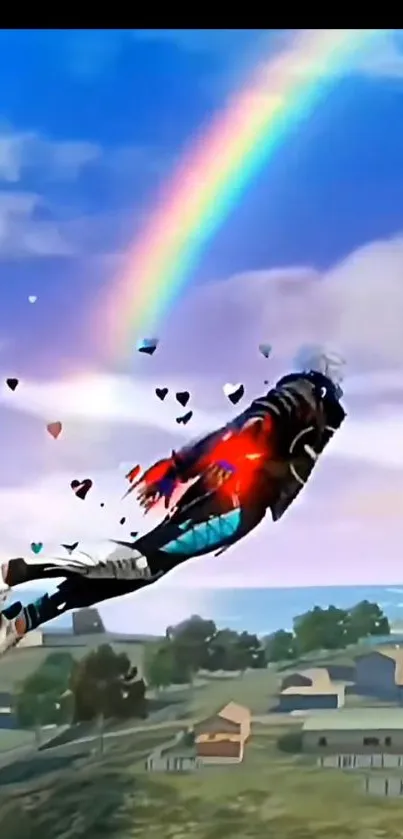 Flying character with a rainbow in a colorful sky.