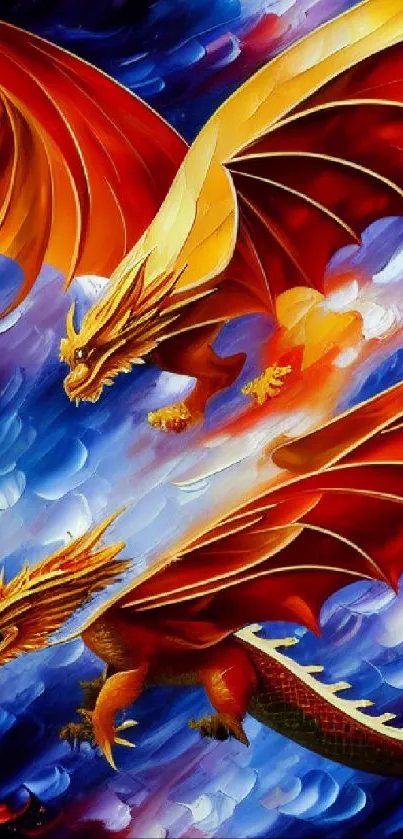 Colorful dragon art with fiery dragons flying in a dynamic fantasy scene.