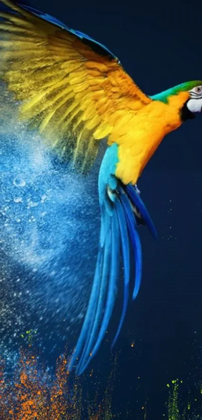 Vibrant parrot with splashes of color on a blue background.