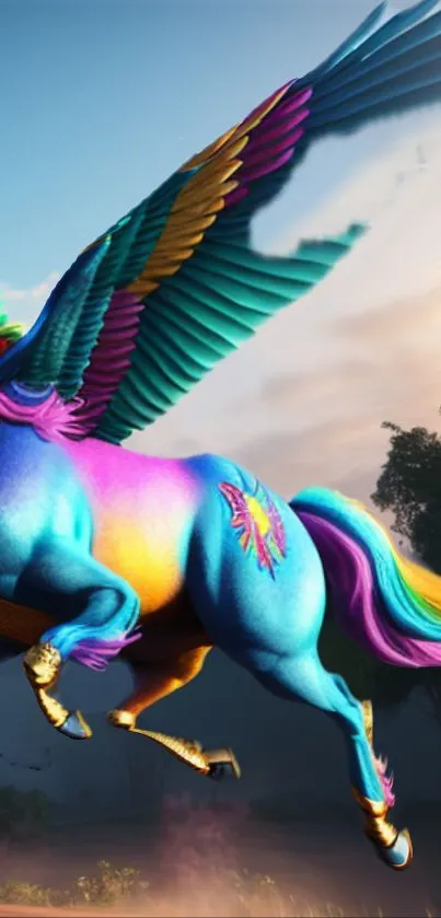 Vibrant blue Pegasus with rainbow wings flying at sunset.