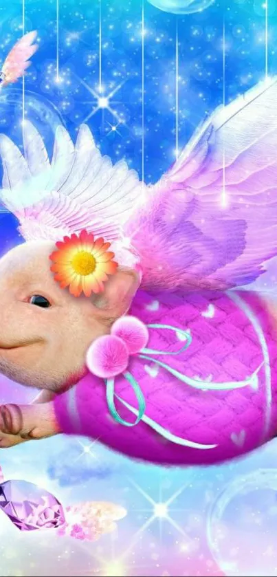 Fantasy flying pink pig with wings and flowers wallpaper.