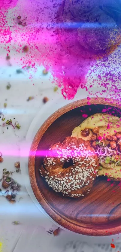 Vibrant artistic mobile wallpaper with colorful food and paint splashes.