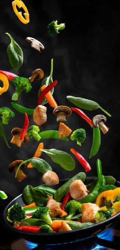 Colorful vegetables in motion over skillet on black background.