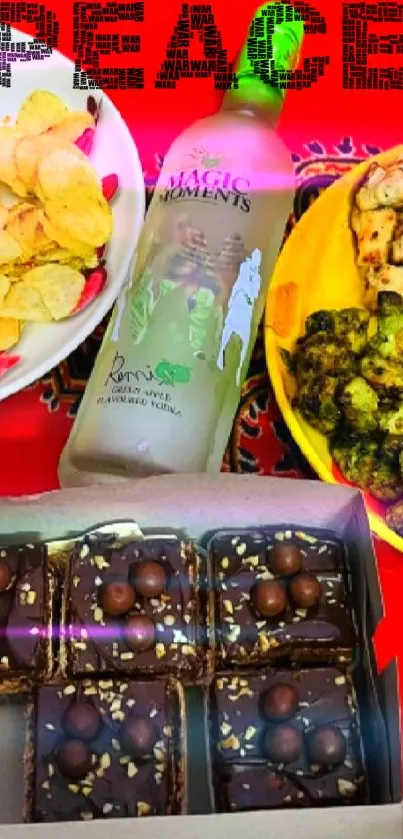 Colorful display of snacks and drinks on a red background.