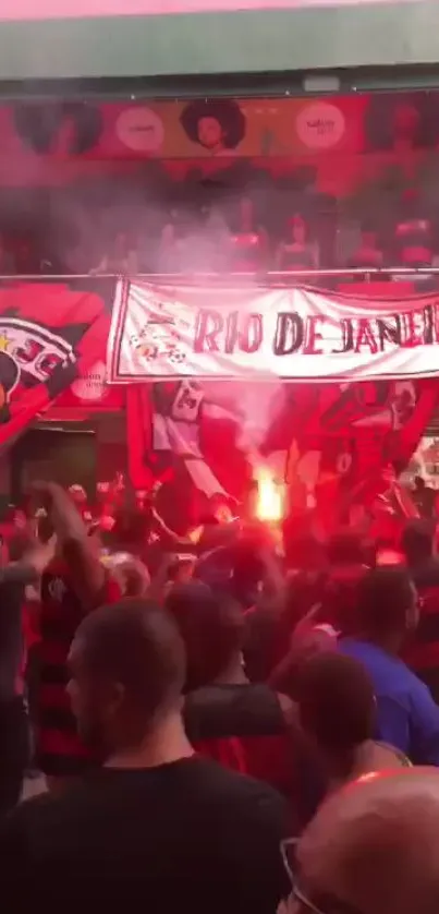 Vibrant red football fan celebration in Rio de Janeiro