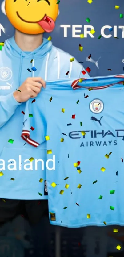 Soccer fan holds light blue jersey with confetti accents.