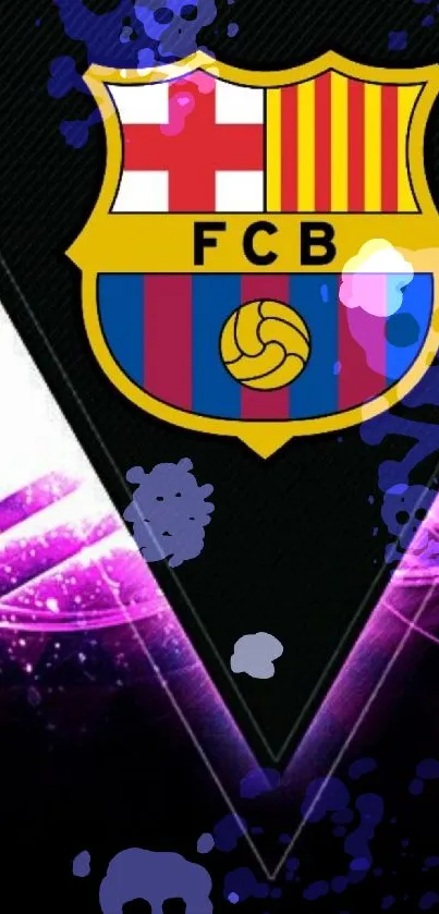 Vibrant football club emblem with neon patterns and purple accents on a digital wallpaper.