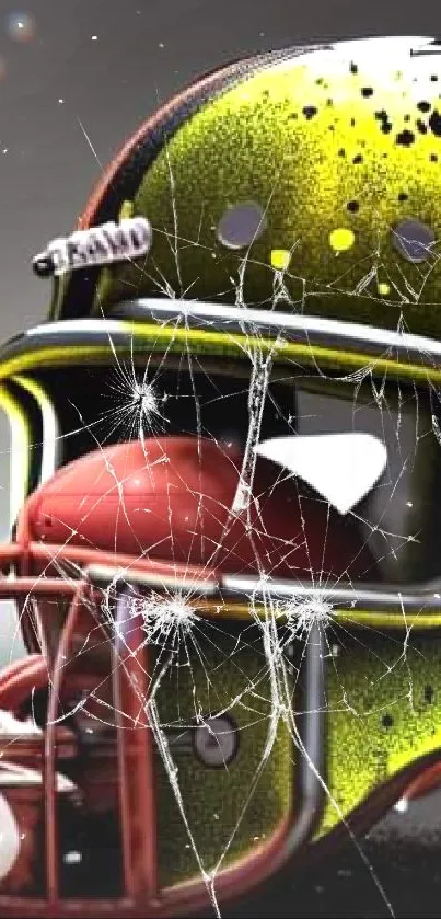 Colorful football helmet with yellow and red accents on a dark background.