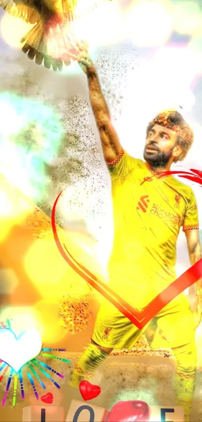 Vibrant yellow football wallpaper with heart and love elements.