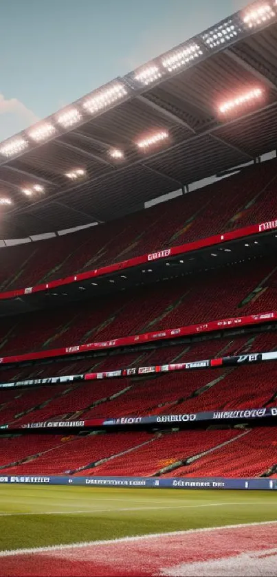 Football stadium with red seats and bright lights, capturing a dynamic sports venue.