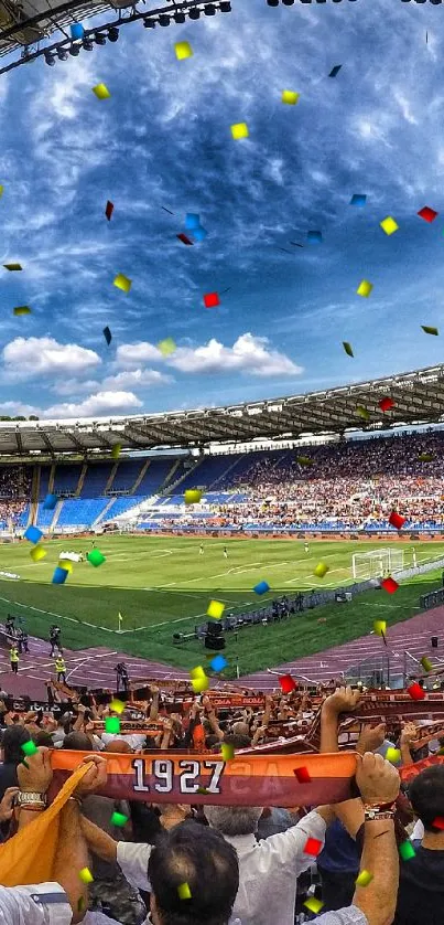 Vibrant football stadium with cheering crowd and blue sky.