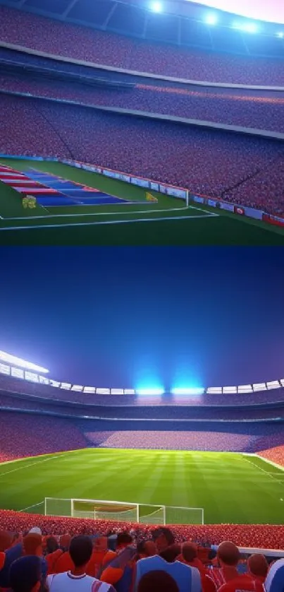 Vibrant football stadium with cheering fans and bright green field.