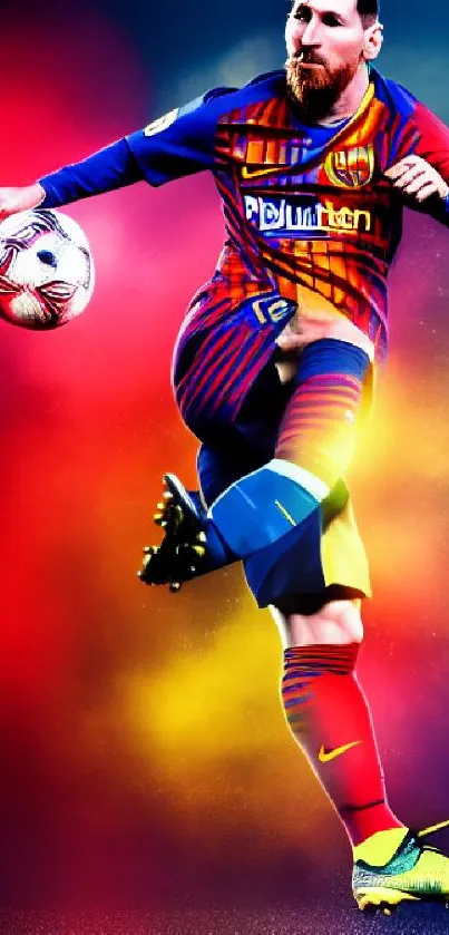 Vibrant football star illustration with colorful background.