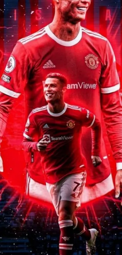 Dynamic football star in red Manchester jersey on vibrant wallpaper.