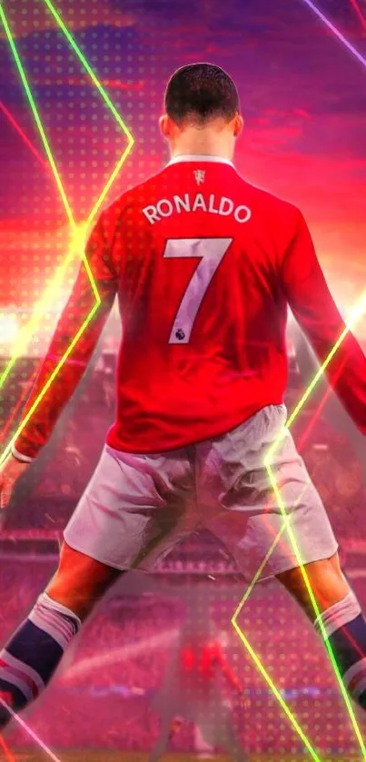 Vibrant football player standing with neon lights and red jersey.