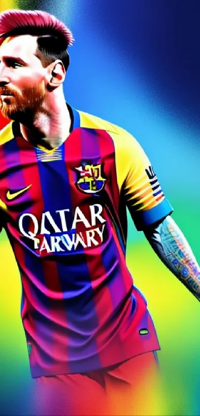 Colorful footballer action wallpaper with vibrant blue and red hues.