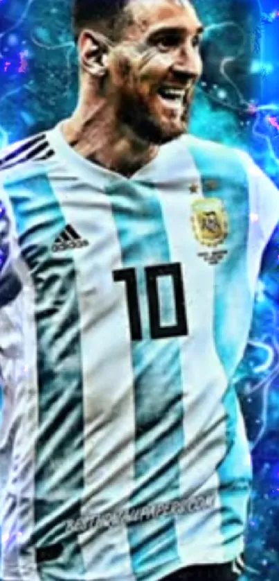 Vibrant football star in Argentina jersey with cyan background.