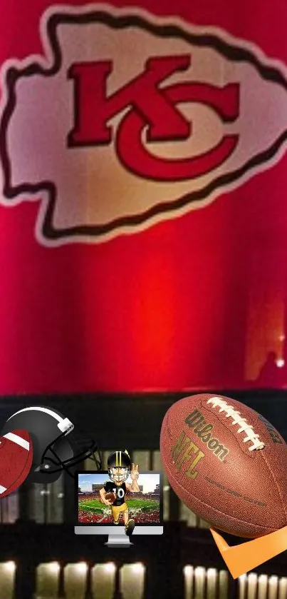 Mobile wallpaper featuring vibrant football imagery and team logo on red background.