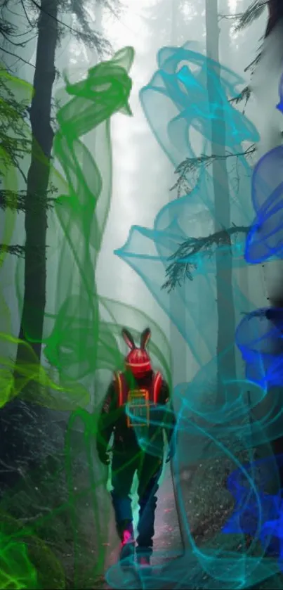 Mystical figure in forest with neon trails.