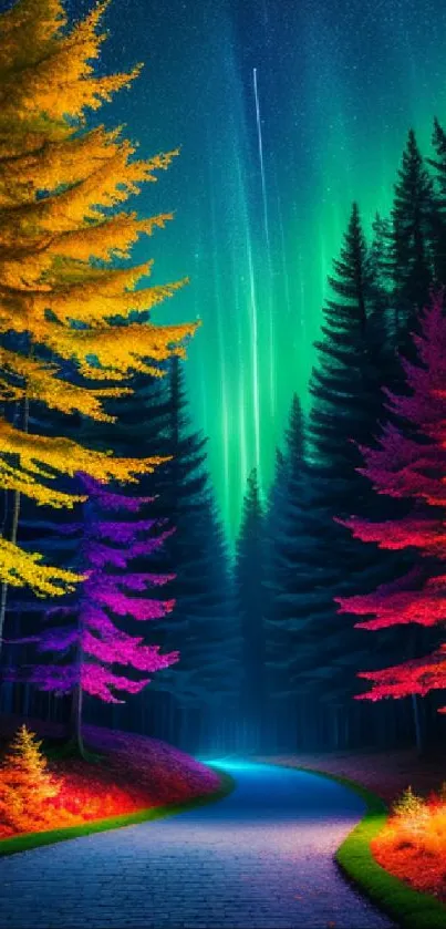 Vibrant forest under aurora with colorful trees at night.