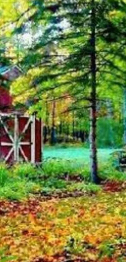 Vibrant forest scene with barn and greenery.