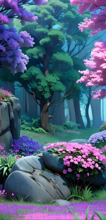 Vibrant forest with colorful blossoms and lush greenery.