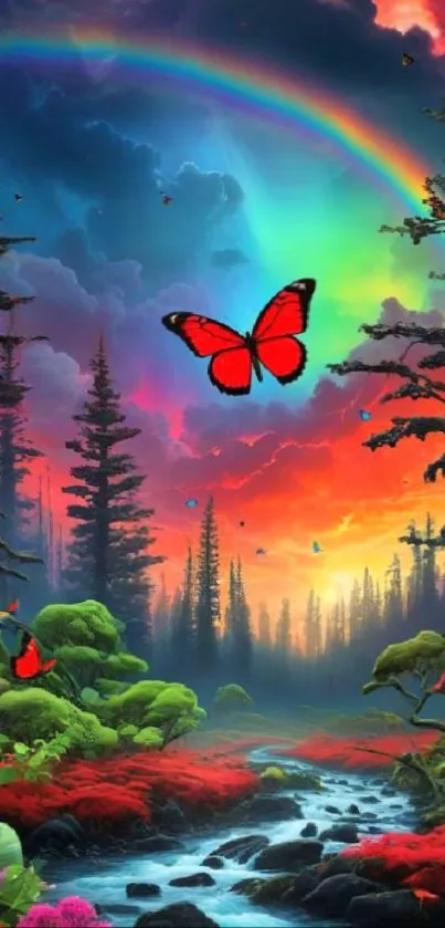 Vibrant forest with colorful butterflies and rainbow sky wallpaper.