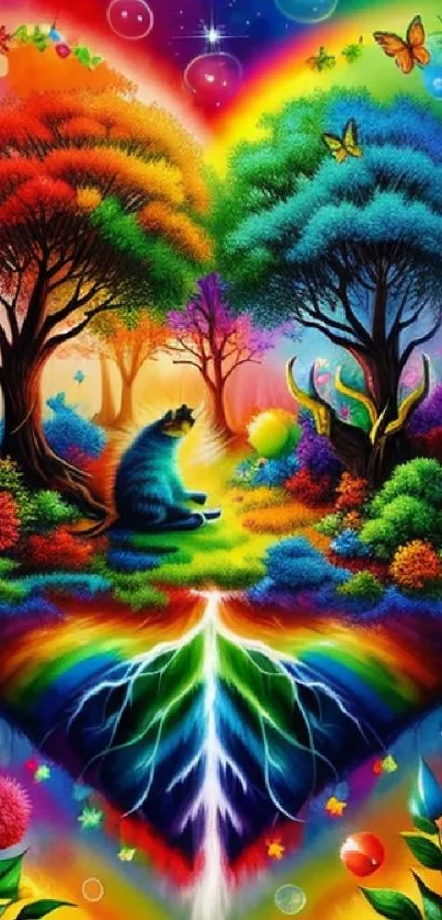 Colorful fantasy wallpaper with a blue cat, vibrant trees, and butterflies in a rainbow forest.