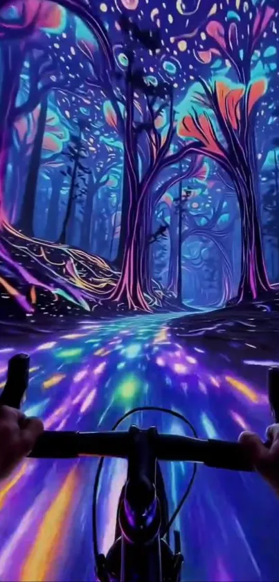 Cyclist rides through a neon fantasy forest at night.