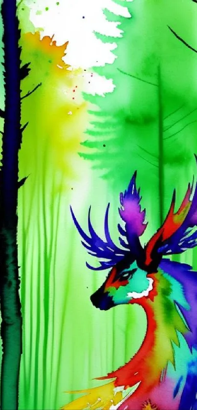 Colorful deer in vibrant green forest scene watercolor wallpaper.