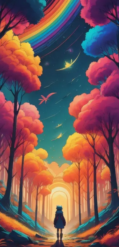 Whimsical forest scene with rainbow sky and vibrant trees.