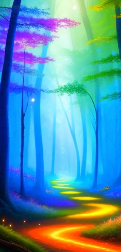 A vibrant forest scene with a glowing path and colorful trees.