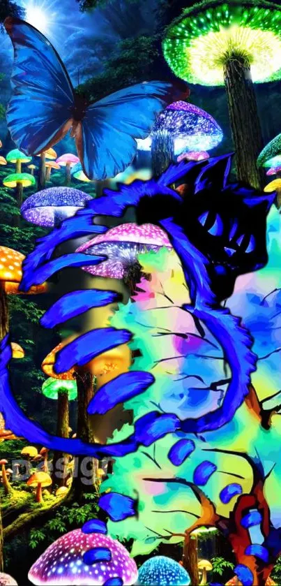 Fantasy wallpaper with glowing mushrooms, dragon, and a butterfly in a vibrant forest.