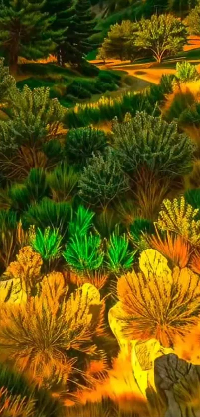 Colorful vibrant foliage in a forest setting.