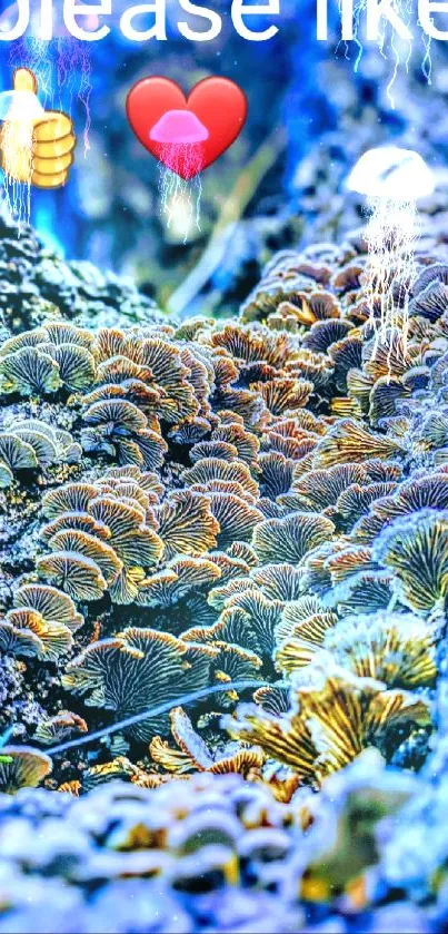 Blue-toned wallpaper of vibrant forest fungi with text and emojis.