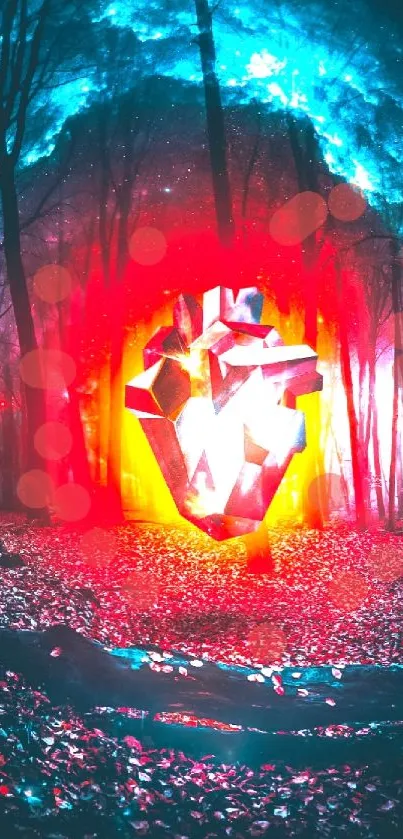 Glowing red heart in mystical blue forest setting.