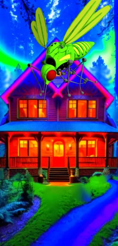 Vibrant neon forest house with a large glowing insect above.