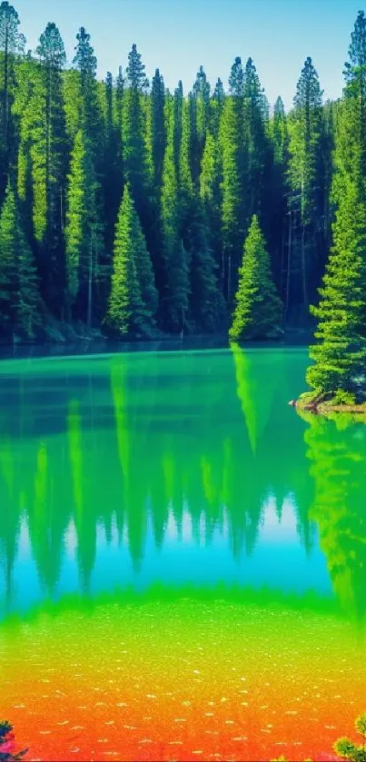 Vibrant colored forest lake with lush green trees reflecting in water.