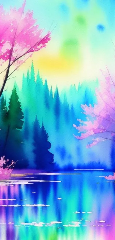 Colorful forest lake wallpaper with vibrant trees and reflections.