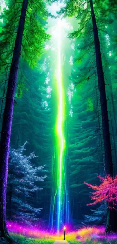 Vibrant forest wallpaper with neon beam of light.