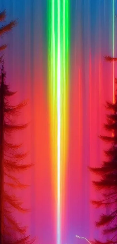 Mobile wallpaper of a vibrant forest with colorful light beams.