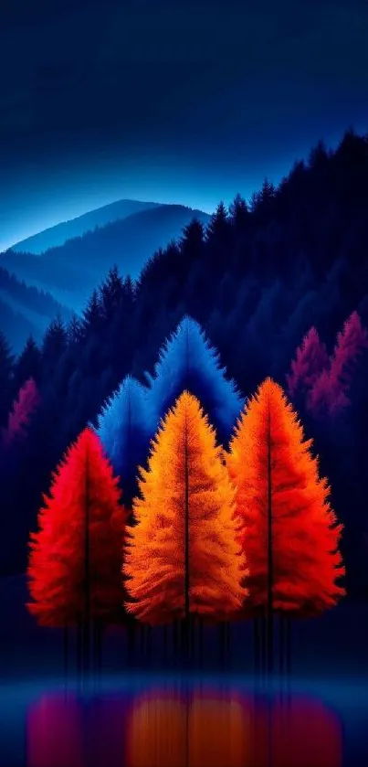 Vibrant colorful forest with illuminated trees at night.