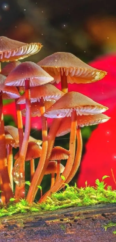 Vibrant mushrooms on a mossy log in a colorful forest setting.