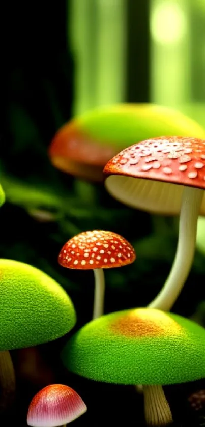 Colorful mushrooms in a vibrant green forest wallpaper.