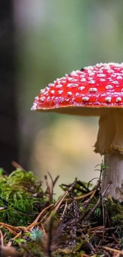 Vibrant red mushroom in a dewy forest setting.