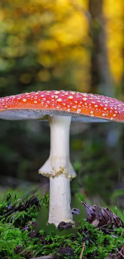 Red Amanita muscaria mushroom in a vibrant forest setting.