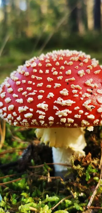 Red mushroom in forest with lush green moss.