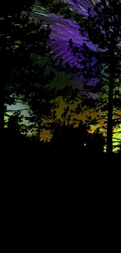 Silhouette of trees against a colorful night sky with vibrant purple and green hues.