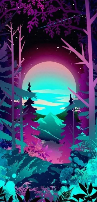 Vibrant purple and teal forest nightscape wallpaper.