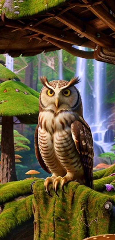 Owl perched amidst vibrant forest scenery with waterfall